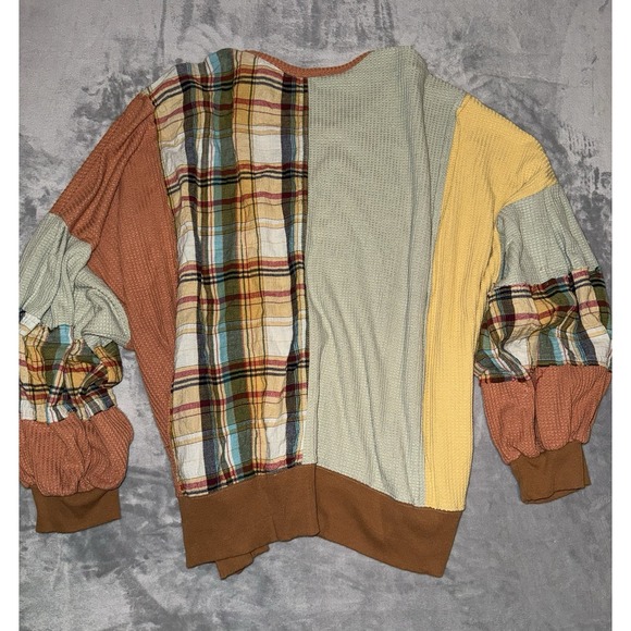 Easel Women's 3X Plaid Mix Daisy Flower Patch Oversized Thermal Knit Top Boho - Picture 3 of 10